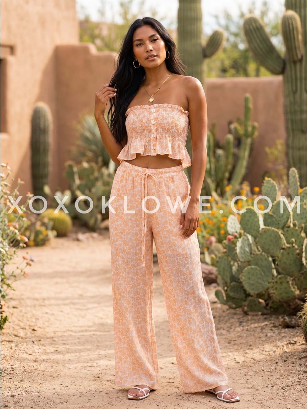 POL Orange Ditzy Floral Wide Leg Pants Set| Strapless Crop Top Matching 2 Piece